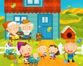 Cartoon rural scene with farm and villagers near the house - illustration