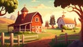 Cartoon rural village landscape with wooden houses, green trees and fence, vector illustration Royalty Free Stock Photo