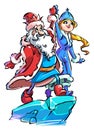 Cartoon Russian Santa Claus and snow maiden stand on an ice floe holding hands Royalty Free Stock Photo