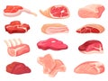 Cartoon rustic meat. Raw animal steaks variety for roast chop barbecue, beef pork ham lamb bacon white fat lard sirloin