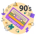 Cartoon 90s music audio and stereo tape sticker. Retro cassette tape, disco party badge, pop culture song tape badge isolated flat Royalty Free Stock Photo