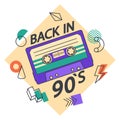 Cartoon 90s music audio and stereo tape sticker. Retro cassette tape, 80s pop culture song tape, disco party badge flat vector Royalty Free Stock Photo