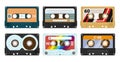 Cartoon 80s vintage tape record. Retro 90s stereo tapes, music audio cassette, analogue player tape flat vector symbols Royalty Free Stock Photo