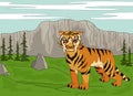 Cartoon saber-toothed tiger on the background of a prehistoric n