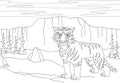 Cartoon saber-toothed tiger on the background of a prehistoric n