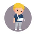 Cartoon sad boy looking at his broken arm in cast. Health Problems concept Royalty Free Stock Photo