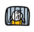 Cartoon sad criminal is sitting in prison behind bars and holding on to the bars in the window.