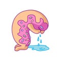 Cartoon sad crying donut character with pink glaze makes a puddle of tears. For stickers, greeting cards, party