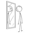 Cartoon of Sad Depressed Man Looking at Himself in the Mirror