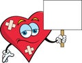 Cartoon sad heart with bandages holding a sign.
