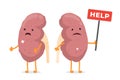 Cartoon sad suffering sick kidney characters. Unhealthy damage genitourinary system human internal organ mascot with