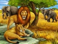 Cartoon safari scene with lions resting and elephant on the meadow illustration for children