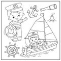 Cartoon sail ship with sailor. Seaman with lifebuoy, spyglass, anchor and helm. Images of sea transport for children. Profession