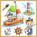 Cartoon sail ship with sailor. Seaman with lifebuoy, spyglass, anchor and helm. Lighthouse. Images of sea transport for children.