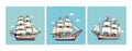 Cartoon sailboats. Retro style ships, vessels vintage cards template. Sea travel and ocean adventures, vector decorative Royalty Free Stock Photo