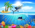 Cartoon sailfish jumping in blue ocean Royalty Free Stock Photo