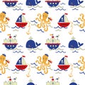 Cartoon sailing boat, octopus, fish and others object vector seamless pattern
