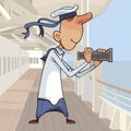 Cartoon sailor looking through spyglass on deck of ship