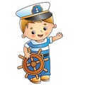 Cartoon sailor or seaman with steering wheel or helm. Profession. Colorful vector illustration for kids