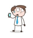 Cartoon Salesman Showing Mobile Gadget