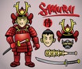 Cartoon samurai with the complete gears