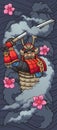 Cartoon samurai enveloped in smoke with sakura flowers