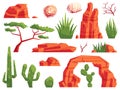 Cartoon sand desert elements. Western cactuses, tumbleweeds and aloe plants. Mountain rocks and stones for valley