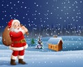 Cartoon Santa carrying big bag with village background