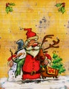 Cartoon Santa Claus big christmas hug with snowman and reindeer Royalty Free Stock Photo