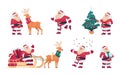 Cartoon Santa Claus. Christmas character with presents. Reindeer with sleigh, fir tree with garlands. Winter holiday Royalty Free Stock Photo