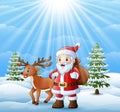 Cartoon santa claus and deer standing in the snow Royalty Free Stock Photo