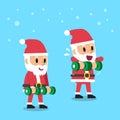 Cartoon santa claus doing dumbbell upright row exercise step training Royalty Free Stock Photo