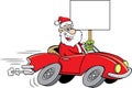Cartoon Santa Claus driving a sports car while holding a sign. Royalty Free Stock Photo
