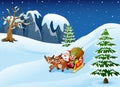 Cartoon santa claus with elf riding on a sleigh with bag of gifts pulled by reindeer Royalty Free Stock Photo