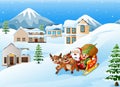 Cartoon santa claus with elf riding on a sleigh with bag of gifts pulled by reindeer Royalty Free Stock Photo