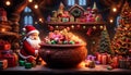 cartoon santa claus with gifts santa clause elf with a clay pot full of presents and a christmas tree