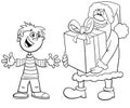 Cartoon Santa Claus giving big present to a boy coloring page Royalty Free Stock Photo