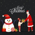 Cartoon Santa Claus Giving Gift to Boy with Snowman, Holly Berry and Bauble on Dark Background for Merry Christmas
