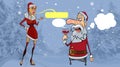 Cartoon santa claus with a glass of wine and a snow maiden with speech bubbles chatting in the winter forest Royalty Free Stock Photo