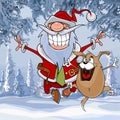 Cartoon Santa Claus happily bounces along with a dog in winter forest Royalty Free Stock Photo