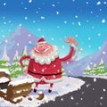 Cartoon Santa Claus hitchhike road side broken luge accident co