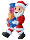 Cartoon santa claus holding pile of gift boxes