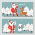 Cartoon Santa Claus, indeer and snowman for Christmas and New Year greeting vector illustration. Happy Santa Claus