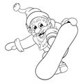 Cartoon Santa Claus makes jump on snowboard