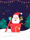 Cartoon Santa Claus Presenting Cake Inside Gift Box and Xmas Trees on Snowy Purple Background for Merry Christma