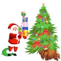 Cartoon santa claus putting presents under christmas tree