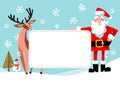 Cartoon Santa Claus and reindeer with empty banner. Vector vintage Christmas greeting card design. Free space for text. Royalty Free Stock Photo