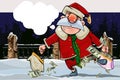 Cartoon santa claus with a replica and with bags full of money on a winter night