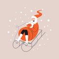 Cartoon Santa Claus riding a doodle sled in white boots. Happy Santa rolls down cheerfully while lying on a sleigh in a circle of Royalty Free Stock Photo