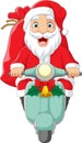 Cartoon santa claus riding a motor scooter with red sack